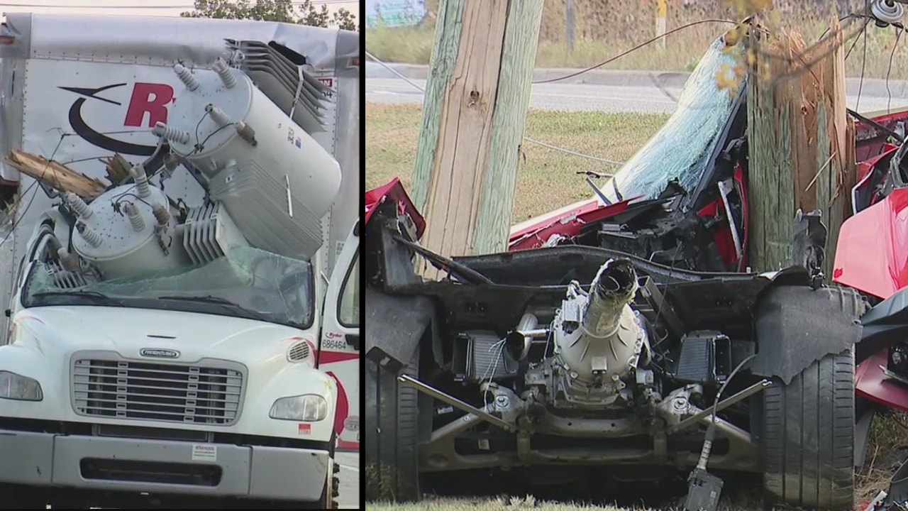 Transformer slams through truck's cab after Corvette crashes into pole