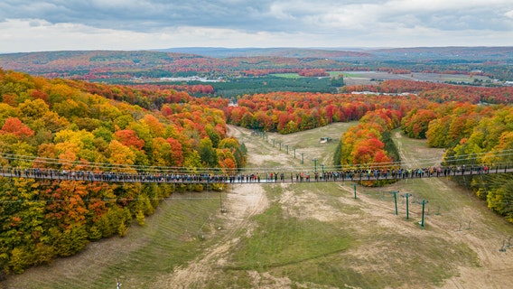 SkyBridge Michigan: Pedestrian bridge at Boyne Mountains opens with picture-perfect fall background