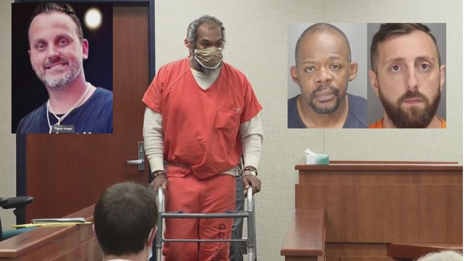 Accused gunman Roy Larry uses a walker in court. He and suspects Darnell Larry (right) and Angelo Raptoplous (far right) are charged in killing jeweler Dan Hutchinson (left).