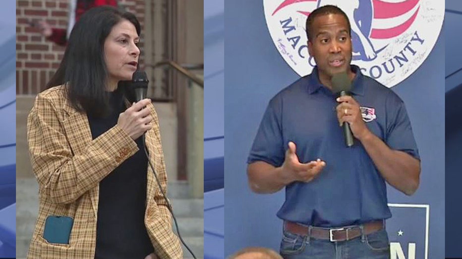 At left, Michigan Attorney General Dana Nessel spoke in Ann Arbor while Republican congressional candidate John James was on hand in Macomb County.