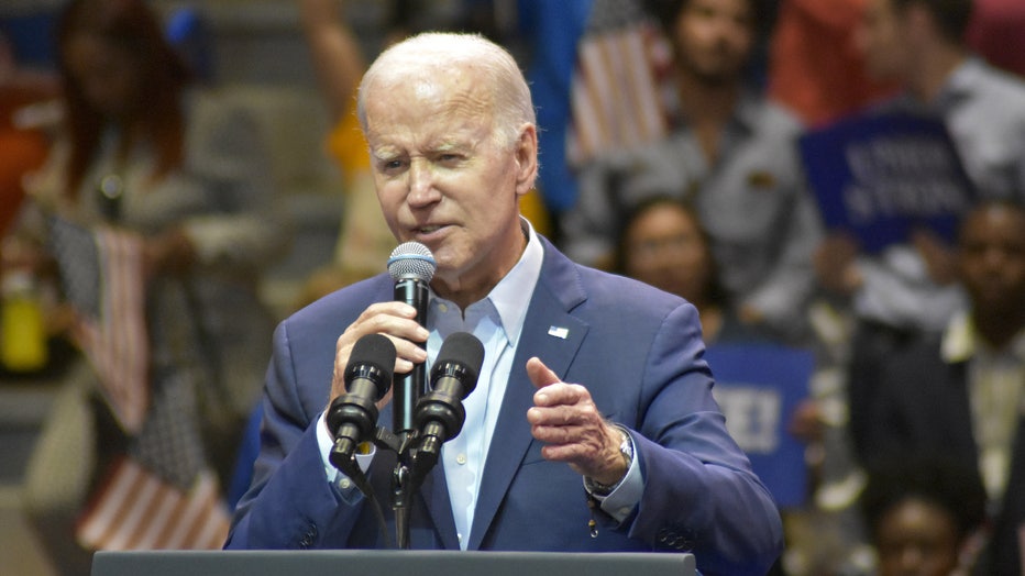 President of the United States Joe Biden delivers remarks during a Democratic National Committee event