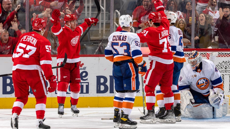 Detroit Red Wings' Lucas Raymond celebrates after scoring a goal