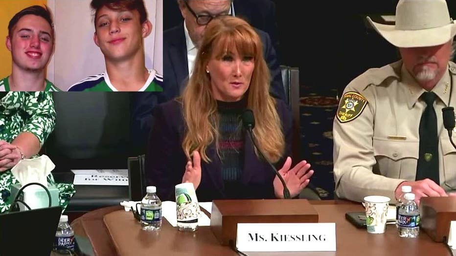 Rebecca Kiessling testifying before members of Congress. Inset: Her late sons Caleb and Kyler killed by fentanyl.