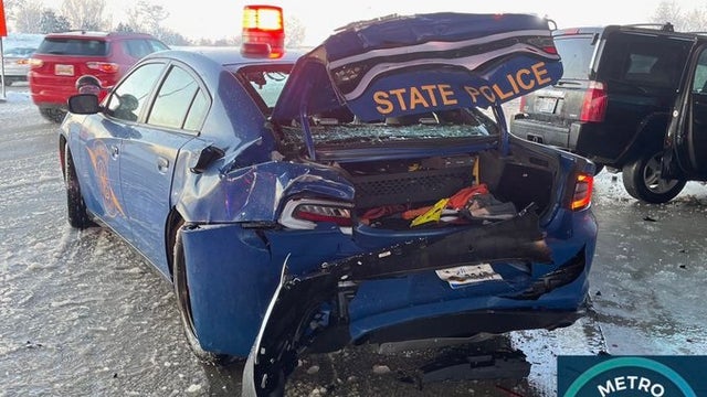 Speeding cars lose control in road conditions and rear-end MSP patrol cars in unrelated crashes