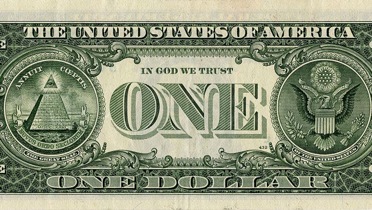 1 US- Dollarnote, gruen, Rueckseite, mit Grossem Geheimen Siegel der USA, Nord-Amerika,