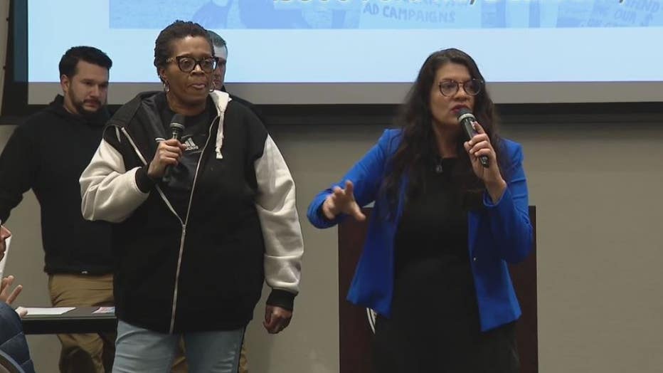 US Congresswoman Rashida Tlaib speaks at the townhall.