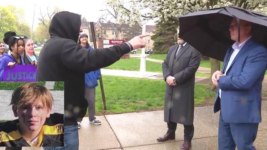 Ron Ross confronts Monroe Schools Superintendent Andrew Shaw. Inset: Ron's late son Gary.