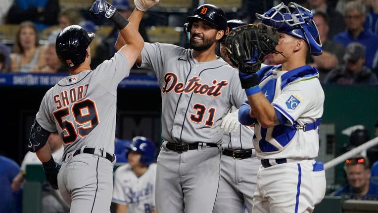 KANSAS CITY, MISSOURI - MAY 24: Zack Short #59 of the Detroit Tigers celebrates his three-run home run with Riley Greene #31 in the sixth inning against the Kansas City Royals at Kauffman Stadium on May 24, 2023 in Kansas City, Missouri. (Photo by Ed Zurga/Getty Images)