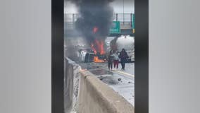 7 sent to hospital in fiery crash with semi-truck that shut down I-75 on both sides in Detroit