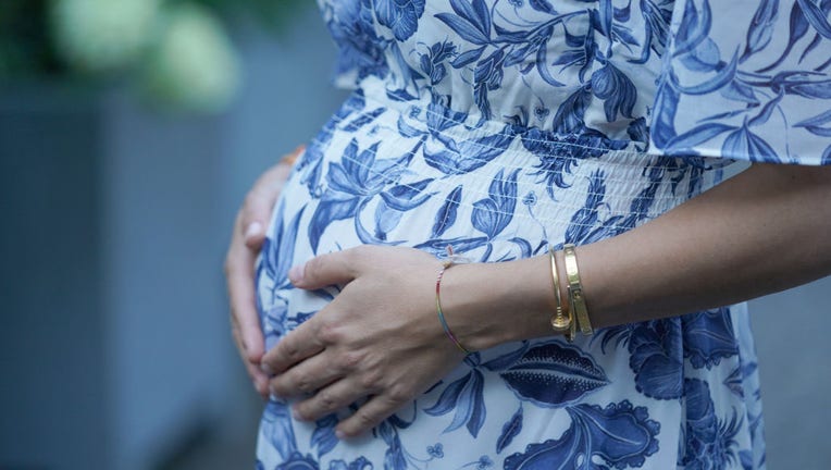 FILE - A pregnant woman cradles her baby bump in a file image. (Photo by Marcus Brandt/picture alliance via Getty Images)