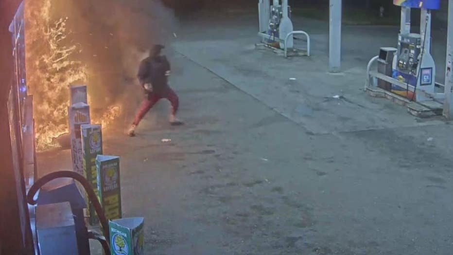The Sunoco clerk ran through the flames after a suspect used a blowtorch and gasoline to set a blaze inside the store.