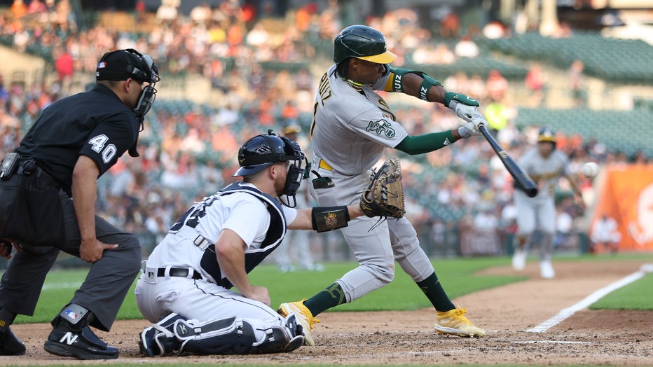 Shea Langeliers of the Oakland Athletics hits a home run in the sixth  News Photo - Getty Images