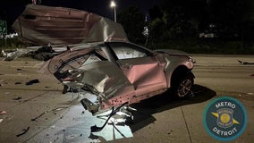 Challenger 'traveling over 100 MPH' hits car crash scene on I-696; car cut in half