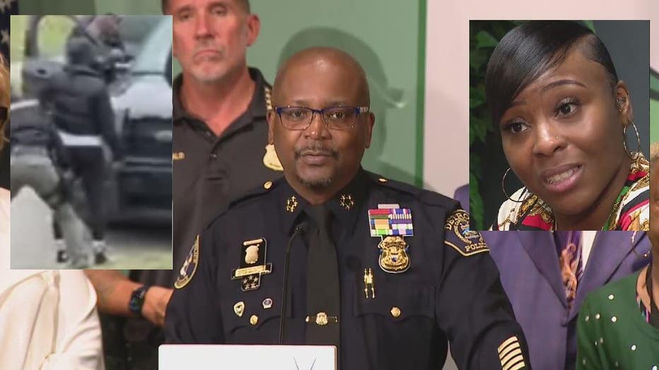 Top left: Porcha Woodruff being arrested. Middle: DPD Chief James White. Top right: Porcha Woodruff