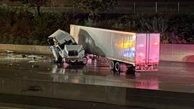 Jackknifed semi leaking fuel, blocking traffic on I-696 in Macomb County