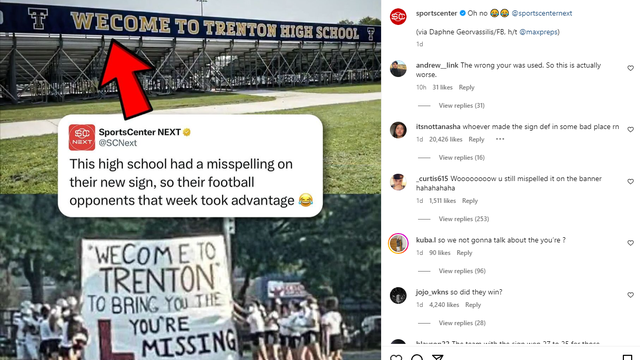 Misspelled sign at Trenton football stadium, joke from Southgate football team highlighted by ESPN