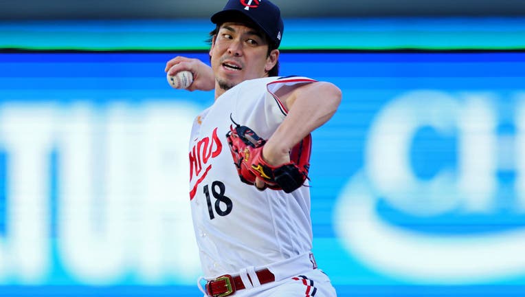 MINNEAPOLIS, MINNESOTA - OCTOBER 10: Kenta Maeda #18 of the Minnesota Twins pitches in the seventh inning against the Houston Astros during Game Three of the Division Series at Target Field on October 10, 2023 in Minneapolis, Minnesota. (Photo by Adam Bettcher/Getty Images)