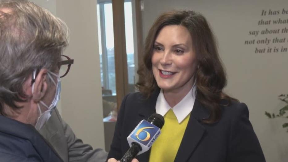 Gov. Gretchen Whitmer sporting maize and blue in honor of the U-M win over Washington.