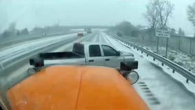 Video: Pickup truck loses control in snow, gets hit by plow on I-75