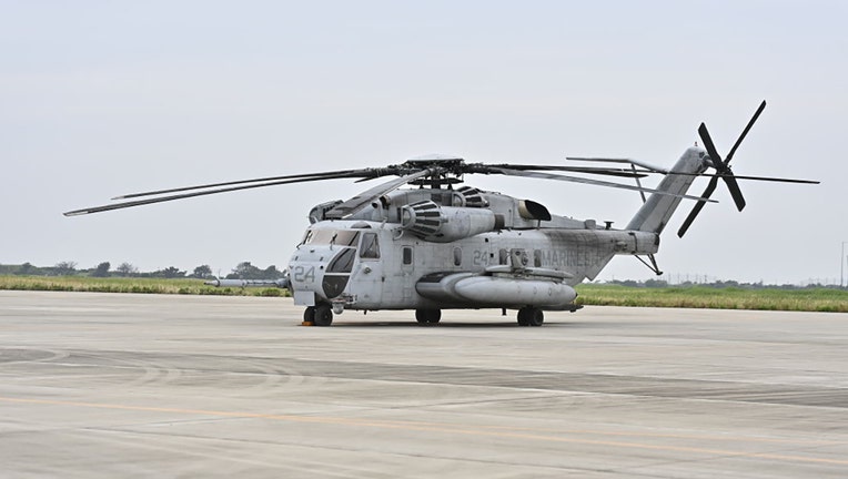 FILE - The U.S. Marine Corps Sikorsky CH-53E Super Stallion helicopter is seen during the U.S. and Japan militaries joint training exercise in Kisarazu, Japan on June 16, 2022. (Photo by David Mareuil/Anadolu Agency via Getty Images)