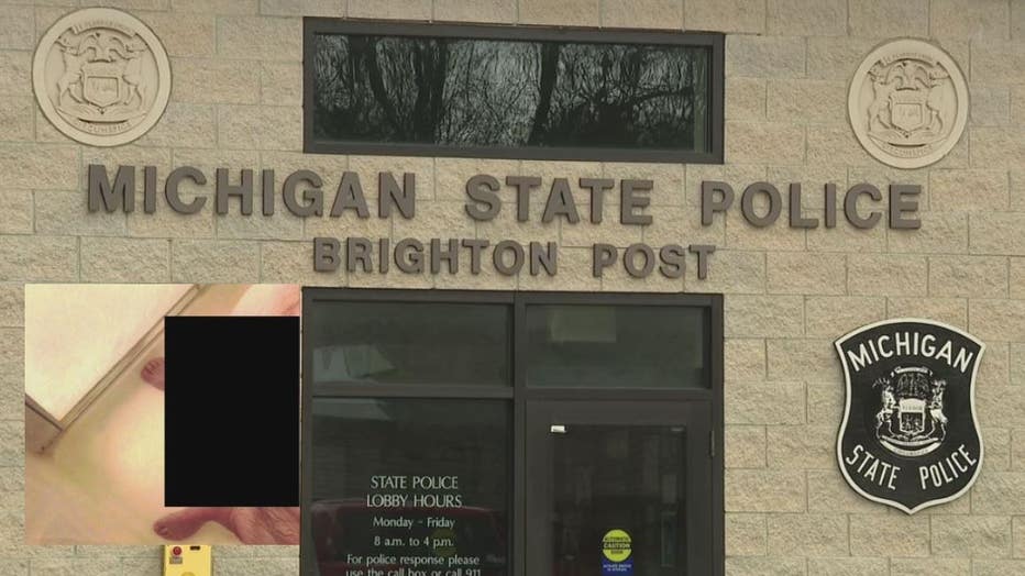 The Michigan State Police Brighton Post. Inset: One of the photos allegedly sent to the victim.
