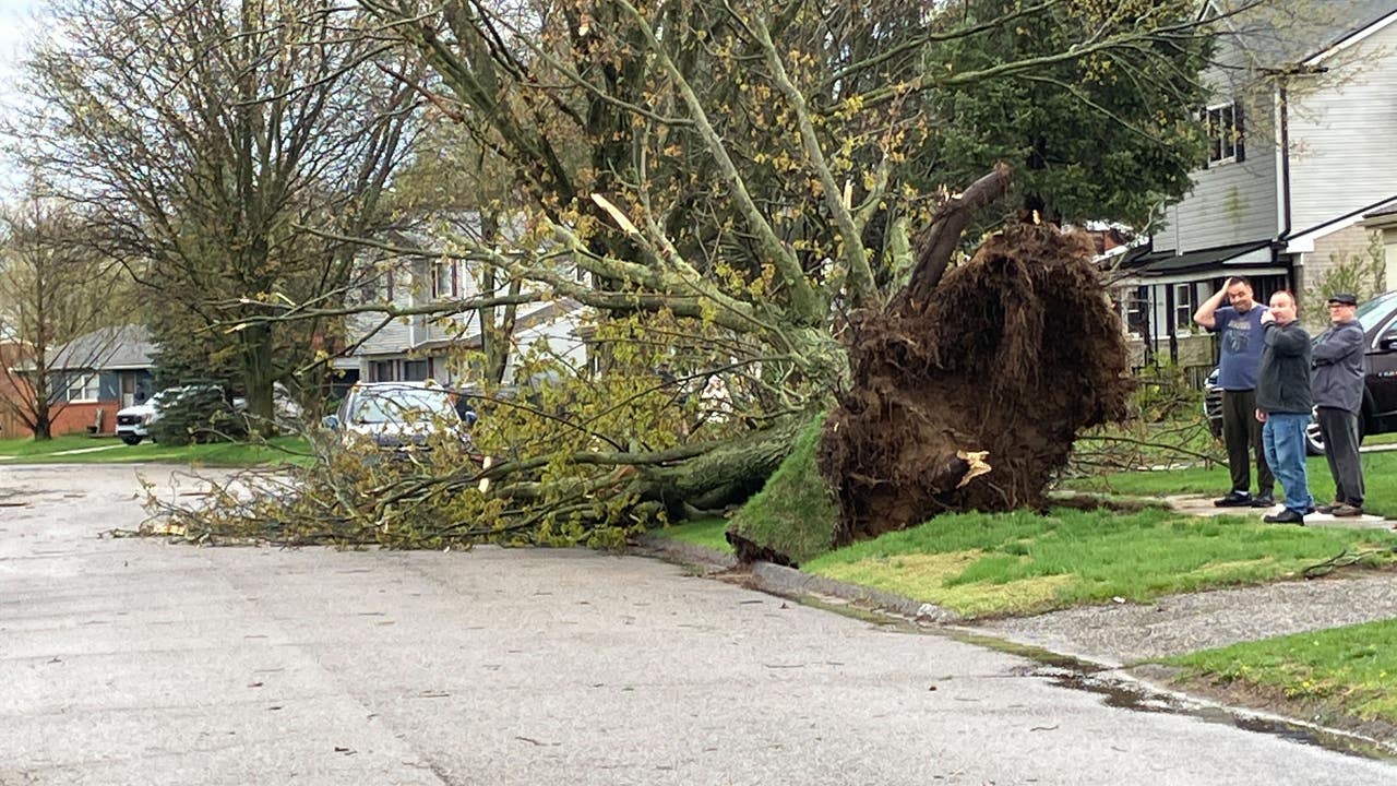 Storm damages buildings, causes uprooted trees and downed powerlines in metro Detroit