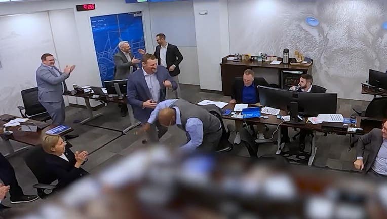 Lions GM Brad Holmes pounds the table in excitement after the drafting of Jahmyr Gibbs (Screenshot from Lions X account).