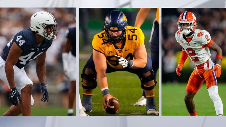Possible Lions 1st Round picks: Chop Robinson, left (Photo by Scott Taetsch/Getty Images), Zach Frazier (Photo by Gregory Fisher/Icon Sportswire via Getty Images), Nate Wiggins (Photo by Jacob Kupferman/Getty Images)