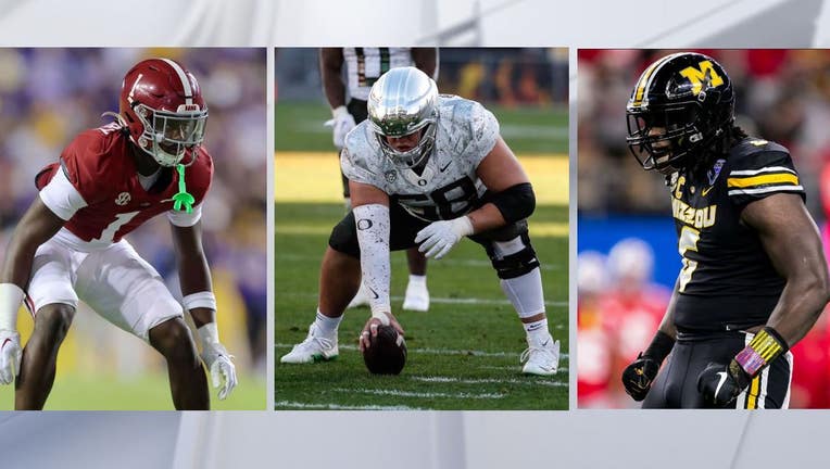 Photo art: Kool-Aid McKinistry, Alabama, left, (Photo by Jonathan Bachman/Getty Images), Jackson Powers-Johnson, Oregon (Photo by Kevin Abele/Icon Sportswire via Getty Images), and Darius Robinson, Missouri (Photo by Nick Tre. Smith/Icon Sportswire via Getty Images)
