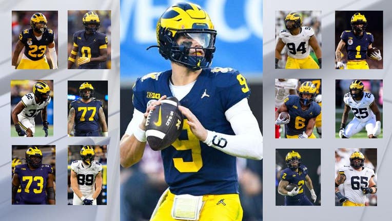Top left to right: Michael Barrett 23 (Photo by Ryan Kang/Getty Images), Mike Sainristil 0: (Photo by Gregory Shamus/Getty Images), Jaylen Harrell 32 (Photo by Michael Allio/Icon Sportswire via Getty Images), Trevor Keegan 77 (Photo by Erick W. Rasco/Sports Illustrated via Getty Images), LaDarius Henderson 73 (Photo by David Buono/Icon Sportswire via Getty Images) and AJ Barner 89 (Photo by Justin Casterline/Getty Images). Center: JJ McCarthy 9 (Photo by Brian Rothmuller/Icon Sportswire via Getty Images). L to R top right - Kris Jenkins 94 (Photo by Randy Litzinger/Icon Sportswire via Getty Images), Roman Wilson 1 ((Photo by Ryan Kang/Getty Images), Cornelius Johnson 6 (Photo by Aaron J. Thornton/Getty Images), Junior Colson 25 (Photo by G Fiume/Getty Images), Blake Corum 2 (Photo by Aaron J. Thornton/Getty Images), Zak Zinter 65 (Photo by Scott Taetsch/Getty Images).