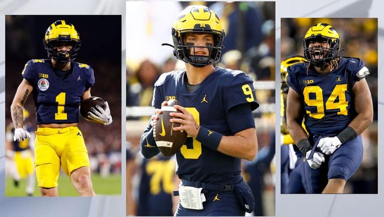 Top Michigan football prospects: Roman Wilson, left (Photo by Ryan Kang/Getty Images), JJ McCarthy (Photo by Mike Mulholland/Getty Images), Kris Jenkins (Photo by Nic Antaya/Getty Images)