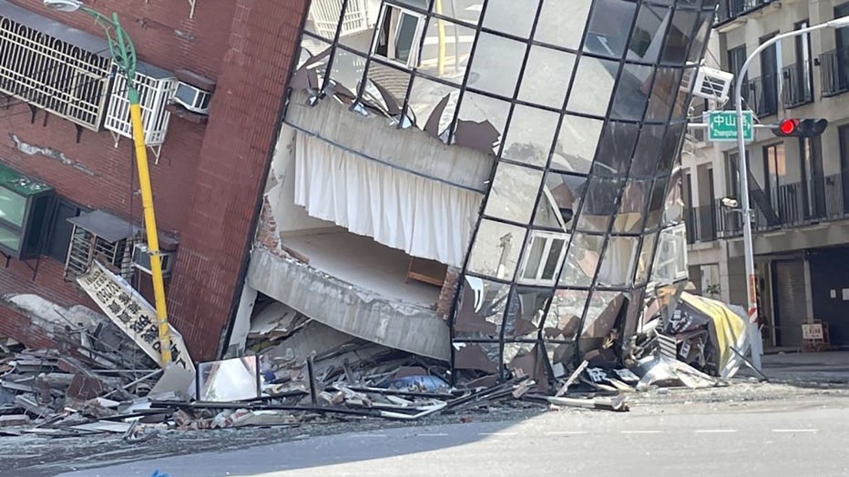 The Uranus Building at Xuanyuan Road is tilted severely after a magnitude 7.4 earthquake struck off Taiwans eastern coast on the Richter scale, in Hualien, Taiwan on April 3, 2024. (Photo by Hualien County Fire Department/Anadolu via Getty Images)