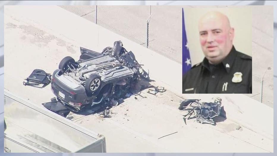 Inset: Retired Madison Heights PD Sgt. Greg Hartunian was driving the Jeep Compass that crashed on I-75 Monday.