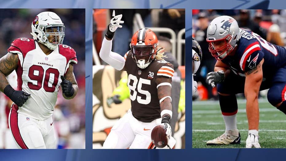 Past pick 29s - Robert Nkemdiche, Cardinals, left, (Photo by Wesley Hitt/Getty Images), David Njoku, Browns (Photo by Gregory Shamus/Getty Images), Cole Strange, Patriots (Photo by Fred Kfoury III/Icon Sportswire via Getty Images)