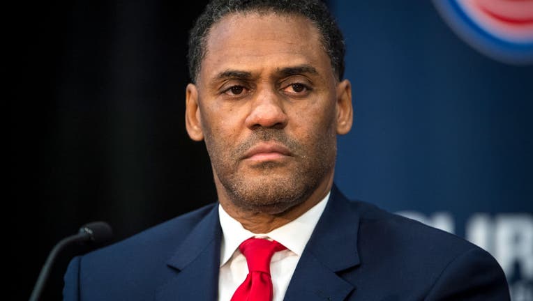 DETROIT, MICHIGAN - JULY 30: Detroit Pistons general manager Troy Weaver looks on during the press conference on July 30, 2021 at the Pistons Performance Center in Detroit, Michigan. (Photo by Nic Antaya/Getty Images)