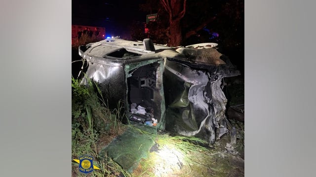 Two injured in northern Michigan crash when car strikes light pole