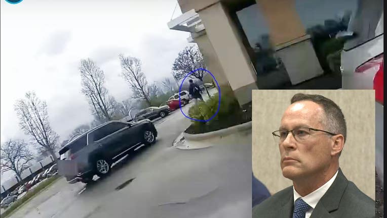 Samuel Sterling pictured running on dashcam. The gray SUV at left was driven by Det. Sgt. Brian Keely. Inset: Keely appears in court.