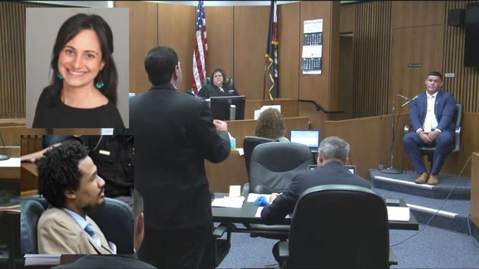 Top left: Samantha Woll, bottom left: Suspect Michael Jackson Bolonos. Main photo: MSP Det. Alexander Martinez testifies.