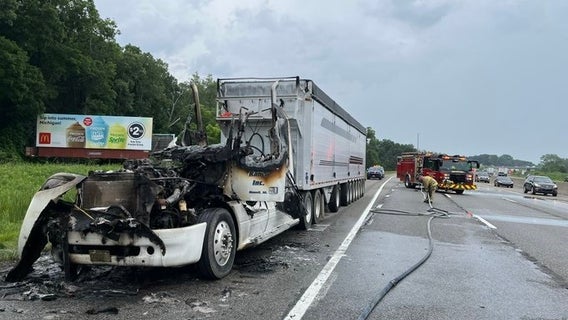 Semi-truck catches fire on I-96 in Brighton Township