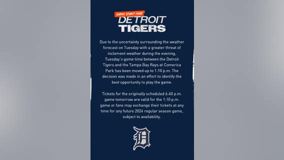 Tigers move up start time with Rays Tuesday due to forecast