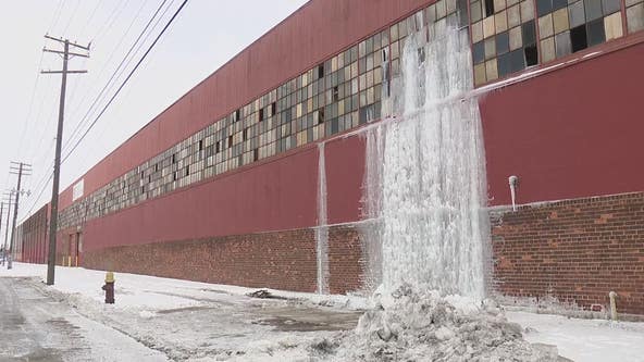 Frigid temps, broken pipes create ice waterfall at Detroit warehouse