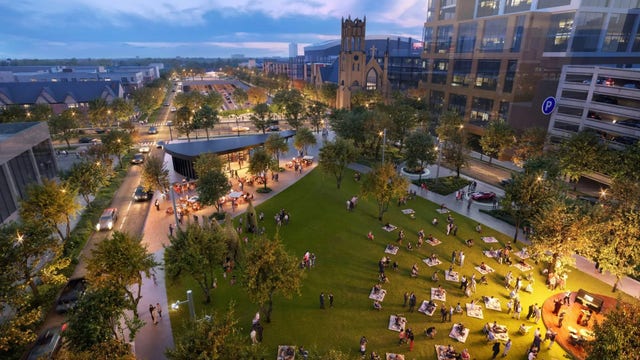 Renderings of I-75 cap in Detroit show what public space over highway could provide