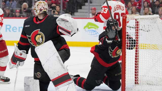 Ullmark stops 48 shots, Cozens scores winner as Senators edge Red Wings 2-1