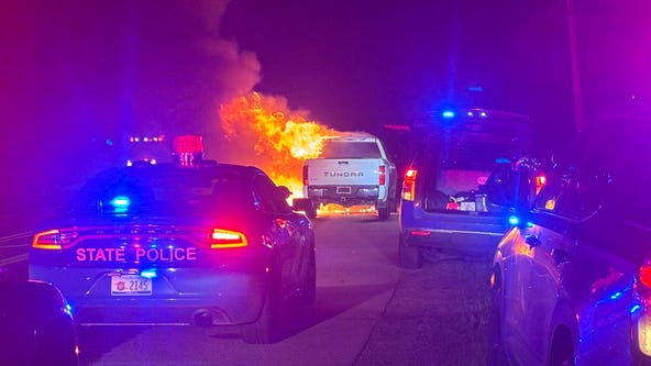 Truck catches fire on M-15 in Brandon Twp. after allegedly following state police vehicle