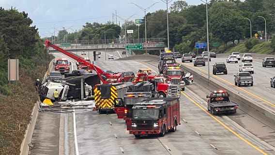 Rolled semi-truck crash closes westbound I-696 at Hoover