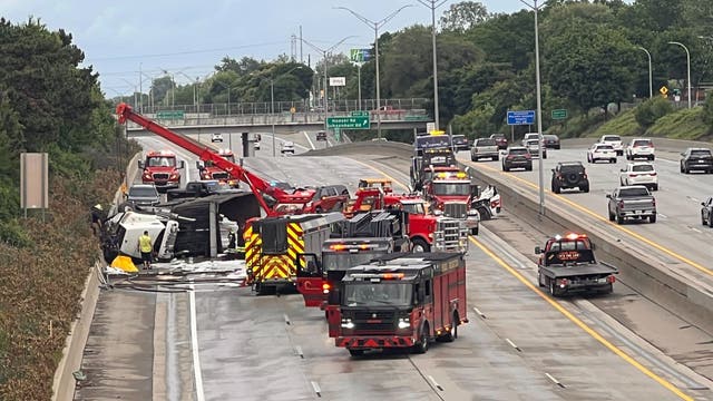 Rolled semi-truck crash closes westbound I-696 at Hoover