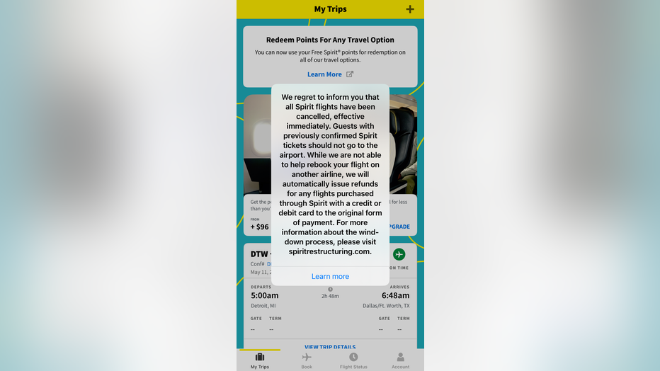 Spirit Airlines cancelation notice.