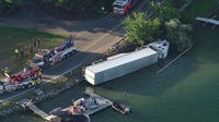 Semi-truck tips into Pine Lake in West Bloomfield, first responders on scene