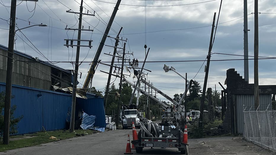 Crews were working on power restoration in Detroit's Islandview neighborhood Saturday.