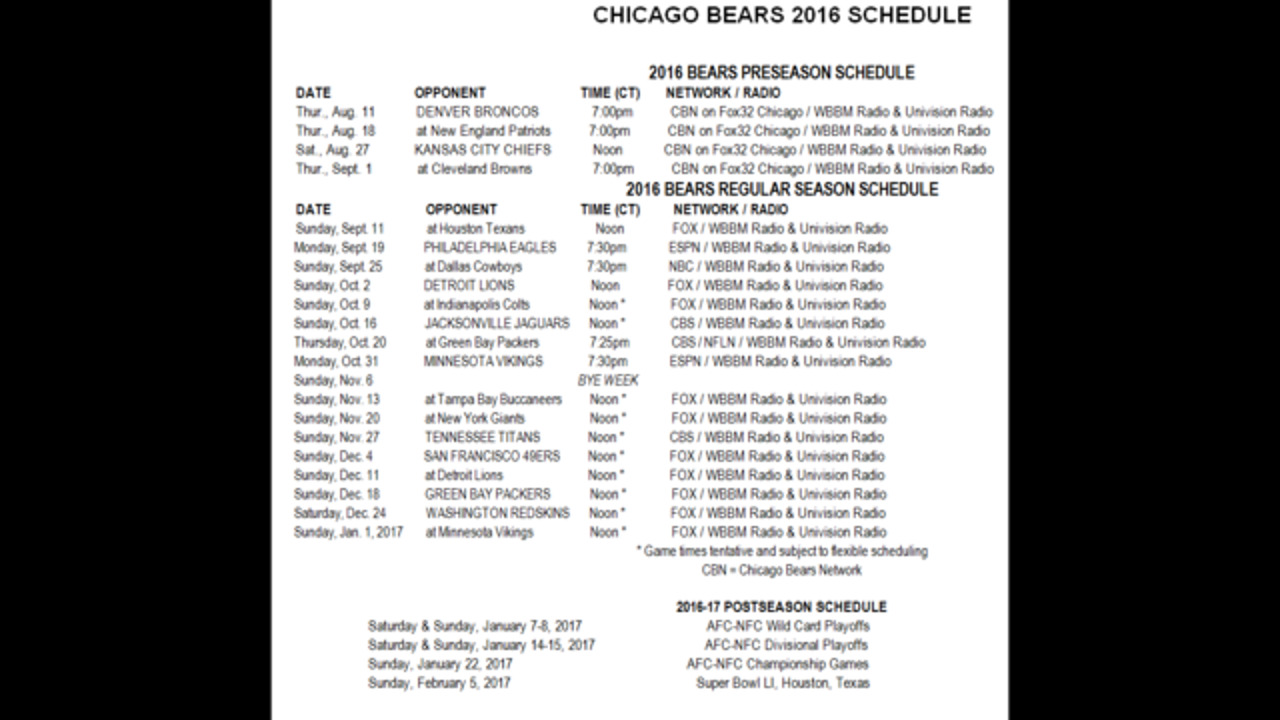 Chicago Bears 2016 Schedule